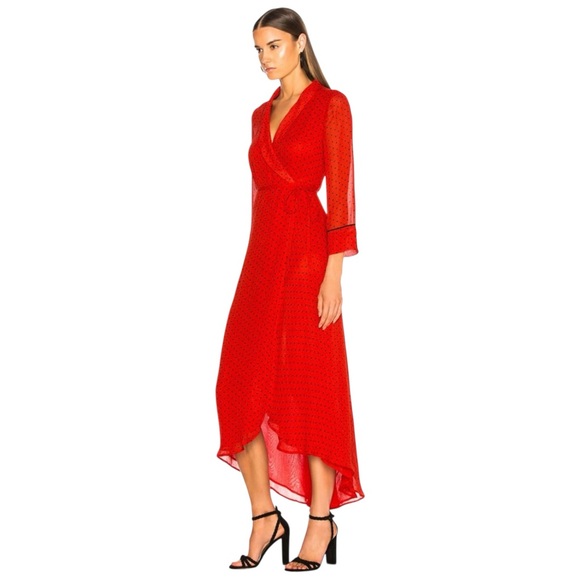 GANNI Mullin Georgette Red Aymmetric Polka Dot Long Sleeve Wrap Midi Maxi Dress - Picture 3 of 16